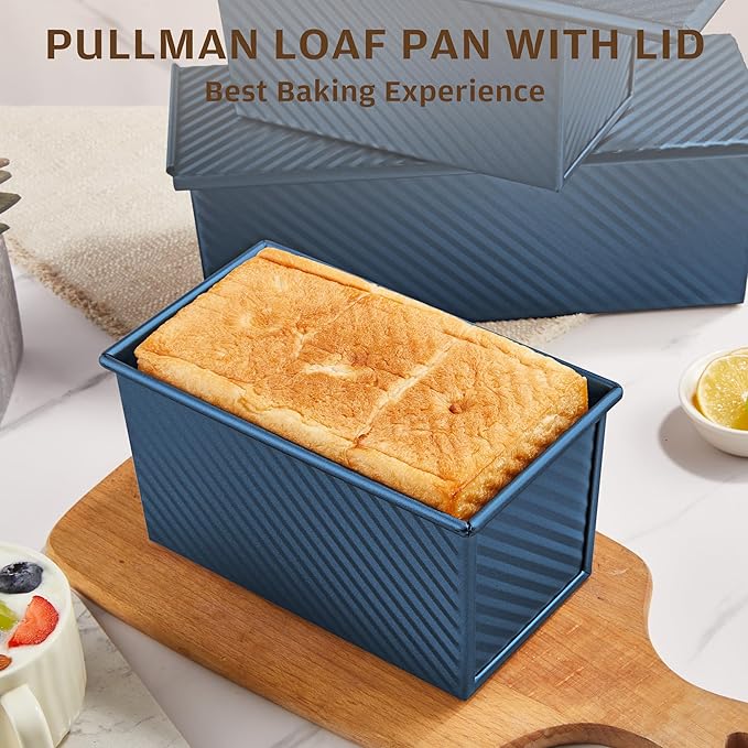 KITESSENSU Pullman Loaf Pan with Lid, 1 lb Dough Capacity Non-Stick Bakeware for Baking Bread, Carbon Steel Corrugated Bread Toast Box Mold with Cover,Blue