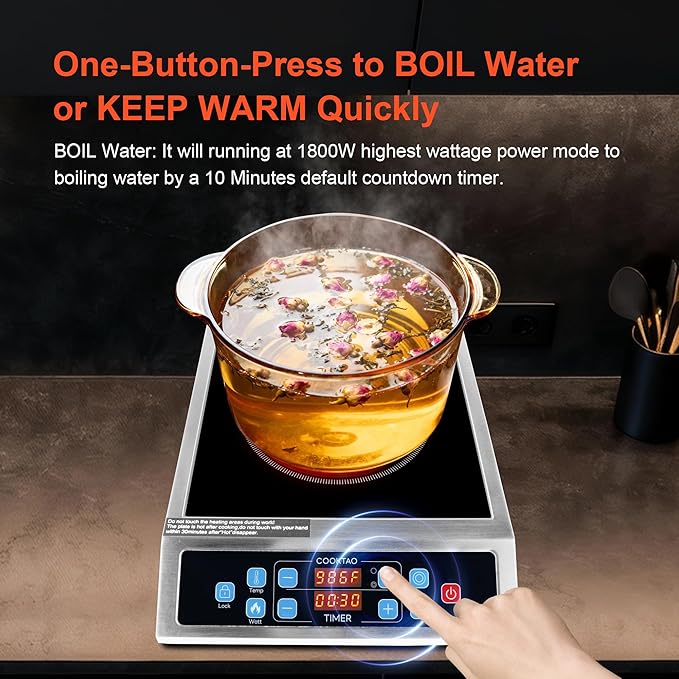 Dual Coils Design of Stainless Steel Single Burner Electric Cooktop, 1800W Commercial Ceramic Infrared Cooking Hot Plate, 12 inch Portable Countertop Radiant Stove Top Cooker with WATT n TEMP Control