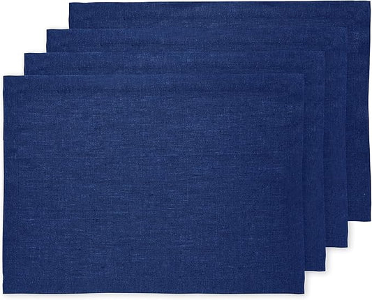 Solino Home Linen Cloth Placemats Set of 4-100% Pure Linen Royal Blue Placemats 14 x 19 Inch for Christmas - Athena