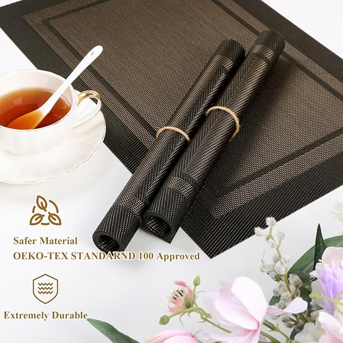 SHACOS Woven Vinyl Placemats Set of 4 Wipe Clean Place Mats for Dining Table Heat Resistant PVC Weave Table Mats Indoor Outdoor (4, Frame Black Gold)
