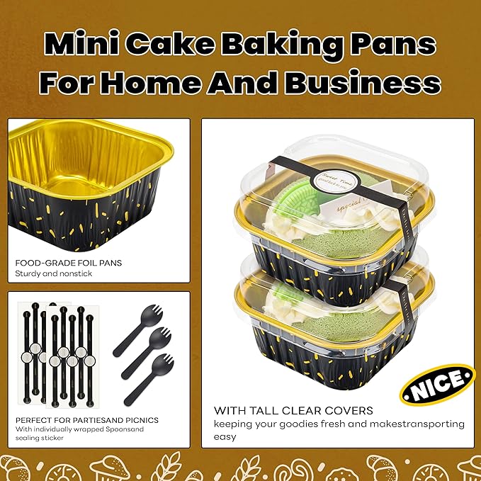 60 Pack Mini Cake Pans with Lids Square Mini Aluminum Pans Pie Tins Flan Containers for Wedding Birthday Party Gift (5OZ, Black Gold Spot)