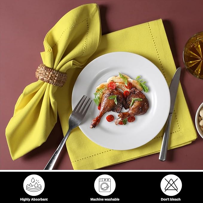 Bedding Craft Hemstitched Cotton Cloth Dinner Napkins Set of 12 – 18x18 Golden Kiwi – Reusable Machine Washable Fabric Napkins for Weddings, Thanksgiving, Christmas & Events