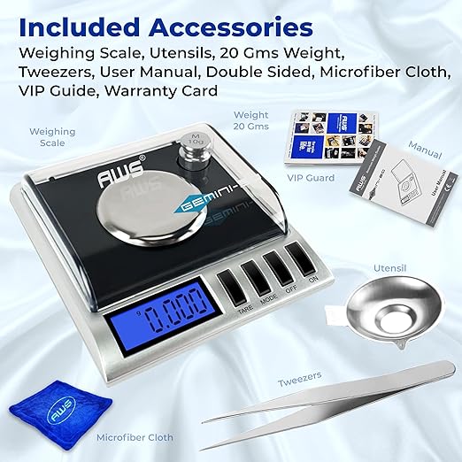 AWS Gemini-50 Milligram Scale 50g x 0.001g – Digital Jewelry/Lab Scale for Powder, Gold, Gems – Includes Calibration Weights, Tweezers & Tray – Tare, Cal, 6 Units, Pocket Size Mg Scale (Black)