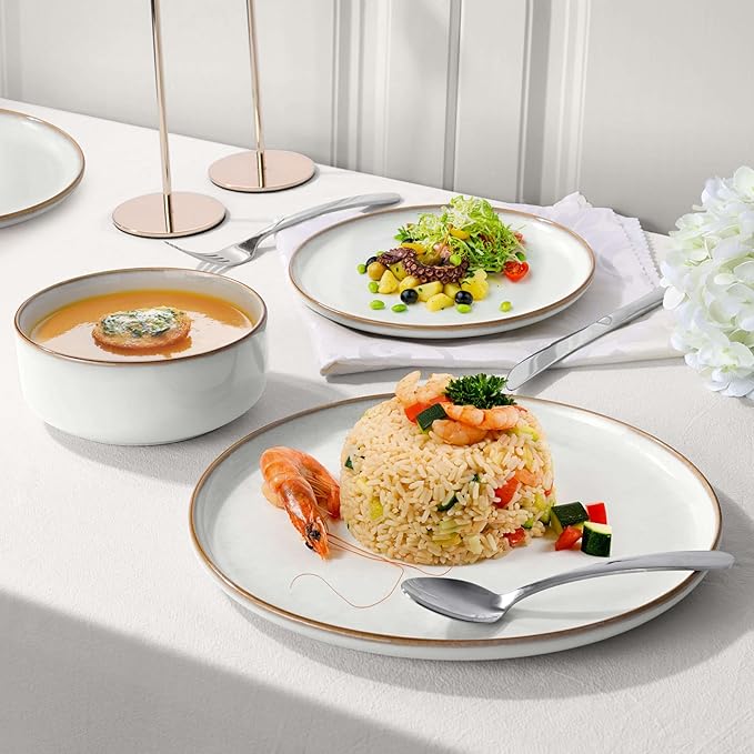 Herogo 6 Pieces Stoneware Dinnerware Dishes Set for 2, Kitchen Handmade Dining Plates and Bowls Sets, Double Reactive Glaze, Microwave & Dishwasher Safe, Scratch Resistant, Ivory White