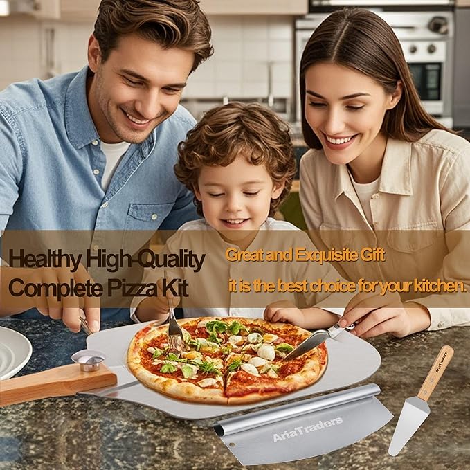 Aluminum Metal Pizza Peel 16 Inch, Extra Large Pizza Paddle (14"X 16") With 14’’ Pizza Cutter Rocker & 10” Pizza Server, Pizza Spatula Paddle With Foldable Wooden Handle For Easy Storage