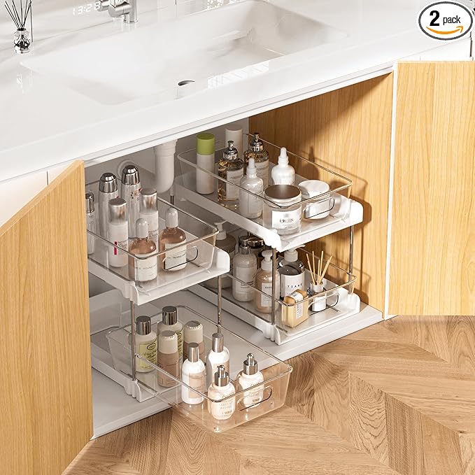 Vtopmart 2 Pack Bathroom Organizer, 2 Tier White Under Sink Organizers Vanity Countertop Storage Container,Cabinet Drawers Bins, Pull-Out Organization with Track for Pantry, Kitchen