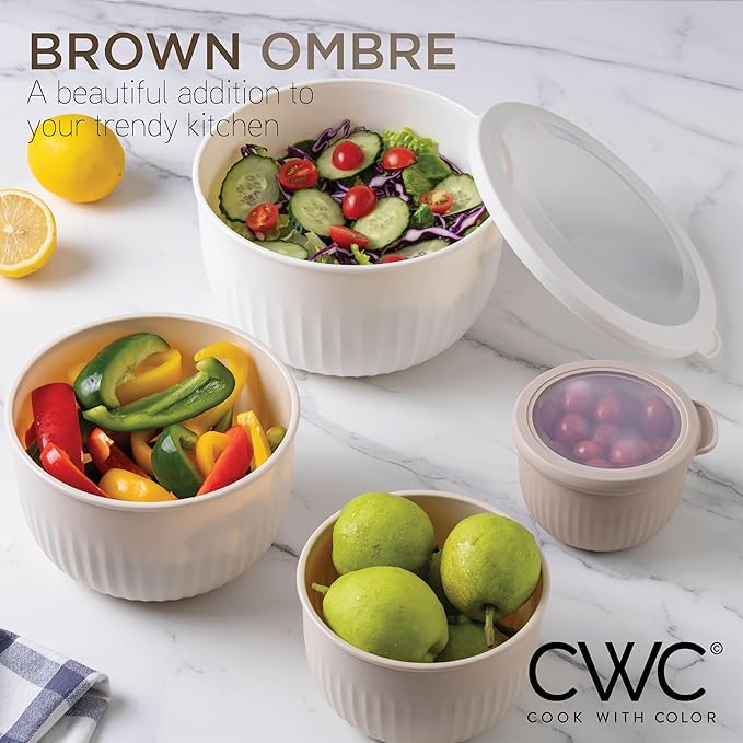 COOK WITH COLOR Prep Bowls with Lids- Wide and Deep Nesting Plastic Small Mixing Bowl Set with Lids, 12 Piece Set - Deep Bowls, Brown