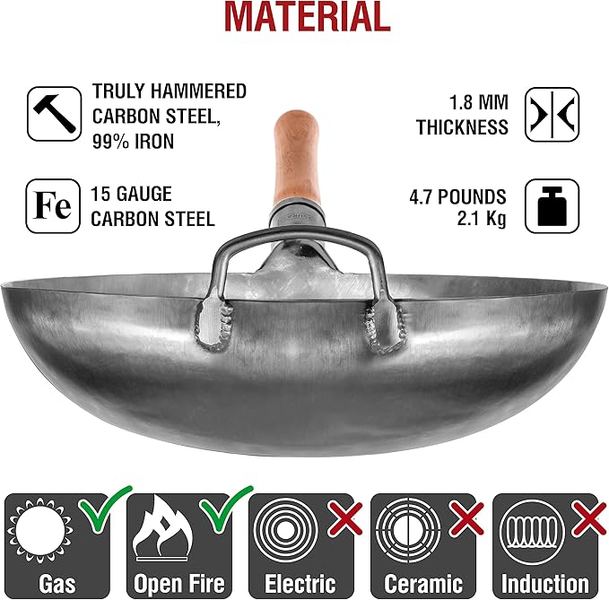 YOSUKATA 14” Round Bottom Carbon Steel Woks and Stir Fry Pans – Unseasoned Pow Wok for Stir Fry, BBQ & Camping – Hand-Hammered Traditional Japanese and Chinese Pan – Gas Stove, Open Fire Only