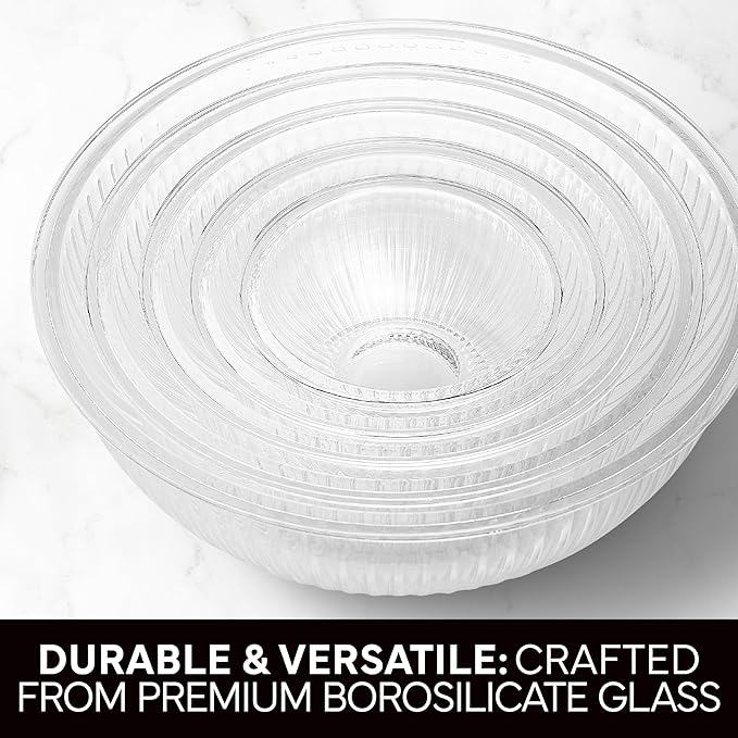 COOK WITH COLOR 12 Pc Glass Mixing Bowl Set with Lids – Borosilicate Glass Nesting Bowls for Cooking, Baking and Meal Prep, Fluted Black