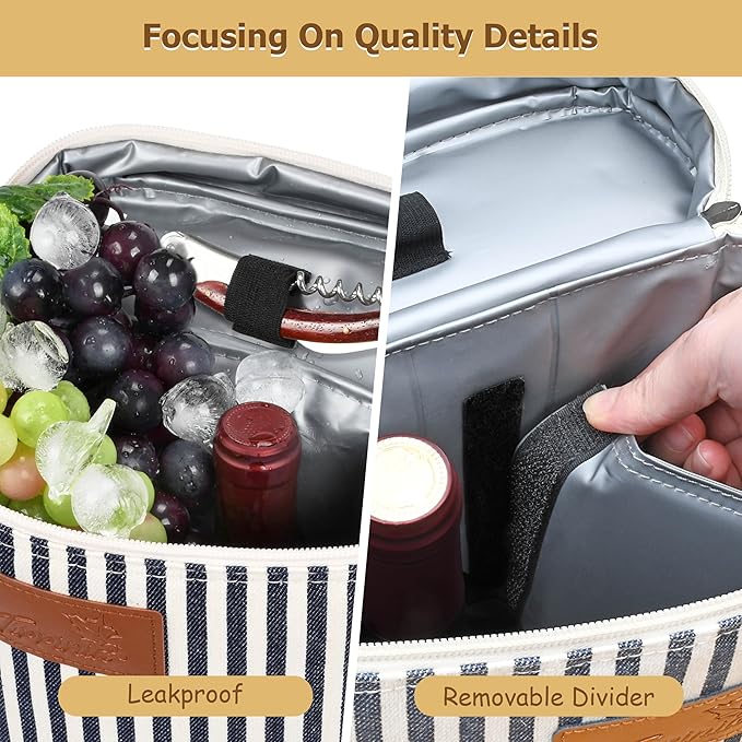 Tirrinia 2 Bottle Wine Gift Tote Carrier - Leakproof & Insulated with large pockets Wine Cooler Bag for Travel, Wine Tasting, Party, Dinner,Great Gift for Wine Lover