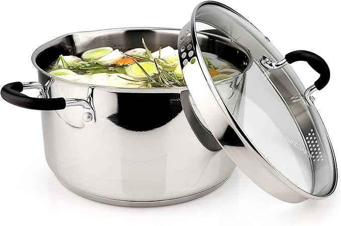AVACRAFT Stainless Steel Stockpot with Glass Strainer Lid, 6 Quart Stock Pot, Soup & Saucepan Cookware, Side Spouts, Multipurpose, Induction Pan, (5-Ply Capsule Bottom, 6QT)