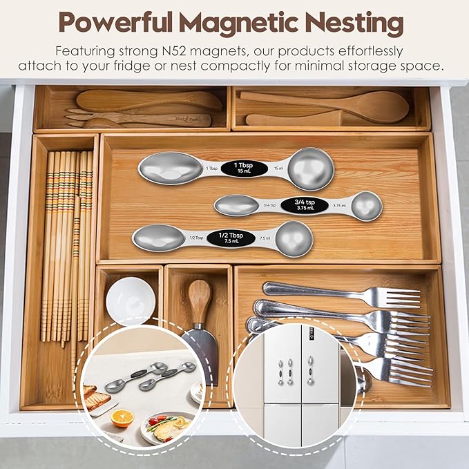 Magnetic Measuring Spoons Set of 8 | Heavy Duty 304 Stainless Steel, Triple Measurement Markings, Strong N52 Magnets, Easy to Clean, Space-Saving with Leveler Included (Black)