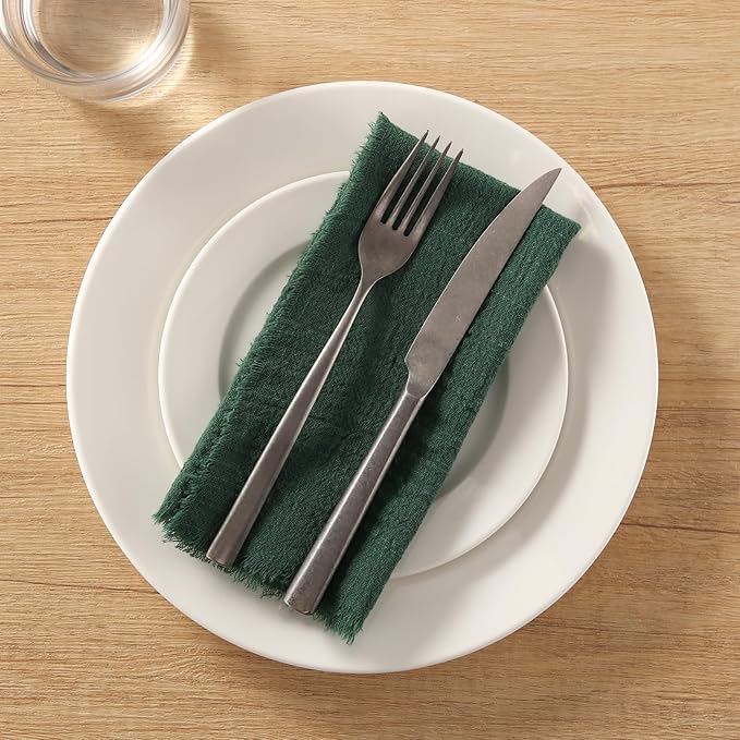 Handmade Cloth Napkins with Fringe, 100% Cotton Napkins, Delicate Handmade Linen Napkins for Dinners, Parties, Weddings and More, 17 x 17 Inch Set of 12 - DarkGreen