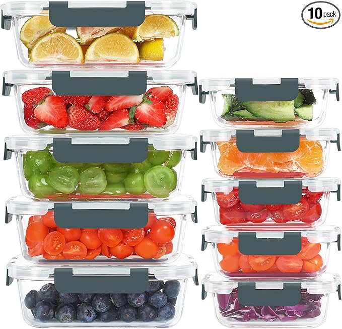 KOMUEE 10 Pack Glass Food Storage Containers, Meal Prep Containers with Lids, Airtight Glass Lunch Boxes, Freezer, Oven, and Microwave Safe