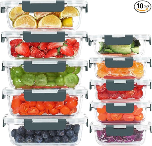 KOMUEE 10 Pack Glass Food Storage Containers, Meal Prep Containers with Lids, Airtight Glass Lunch Boxes, Freezer, Oven, and Microwave Safe