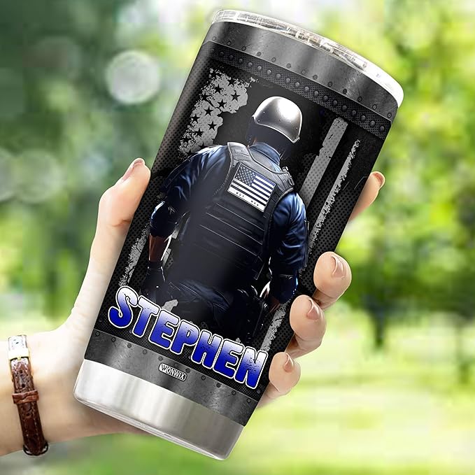 Personalized Police Tumbler Gifts for Men 20oz with Lid Travel Cup Coffee Mug Stainless Steel Insulated Water Bottle Gift for Police Man Dad Father Boy Friends