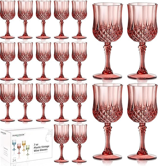 XUWAIDSGN 7oz Plastic Vintage Rose Gold Drinking Glasses Pink Wine Glasses Unbreakable Wedding Glassware Crystal Water Goblets Reusable Drinkware Vintage Champagne Flutes (24, Rose Gold)