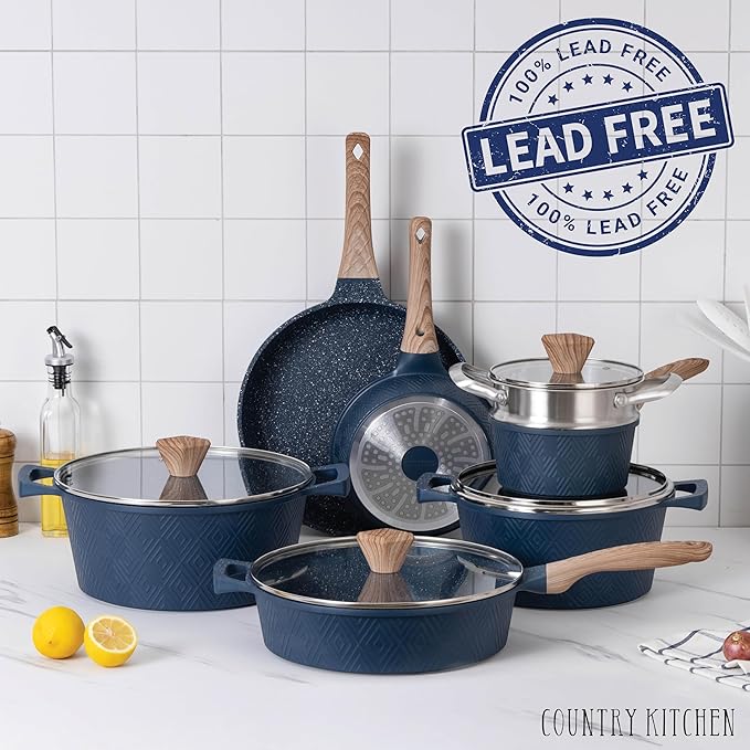 Country Kitchen Non-Stick Cast Aluminum Cookware Set - Durable Kitchen Cookware for Everyday Cooking, Navy, 11 Pc.
