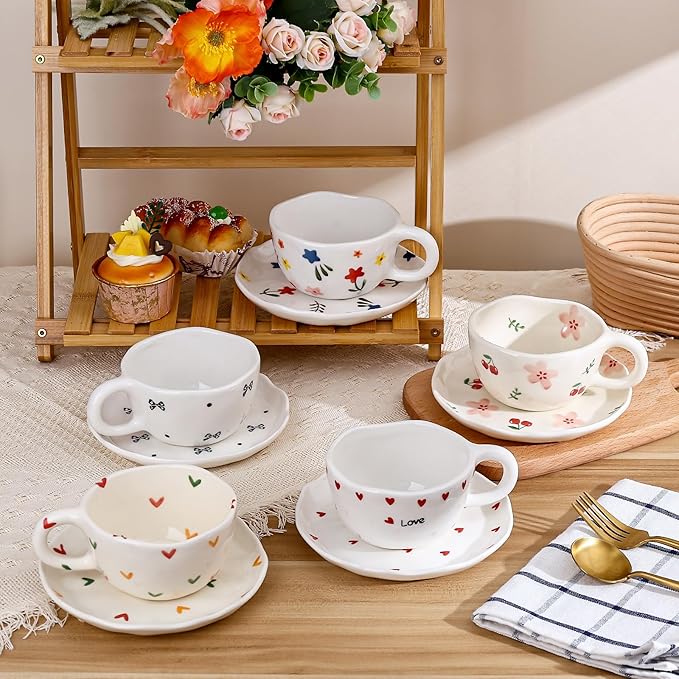 Koythin Ceramic Coffee Mug with Saucers, Handmade Flowers Mugs, Cute Cup for Girl Women, Aesthetic Tea Milk Cup with Handle, 8.5 oz/250 ml for Latte, Cocoa, Office, Home (Black Small Bow)