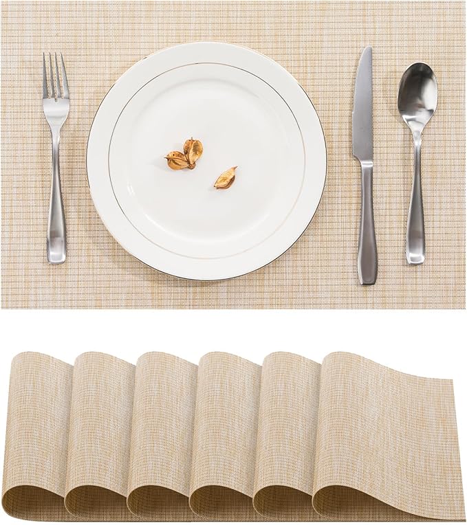BACKTOEDEN Placemats Set of 6 Heat Resistant Washable Wipeable Placemat Woven Non-Slip Foldable Vinyl/Plastic Place Mats Indoor/Outdoor Mat Kitchen Dining Table Pad, Beige Silver Line