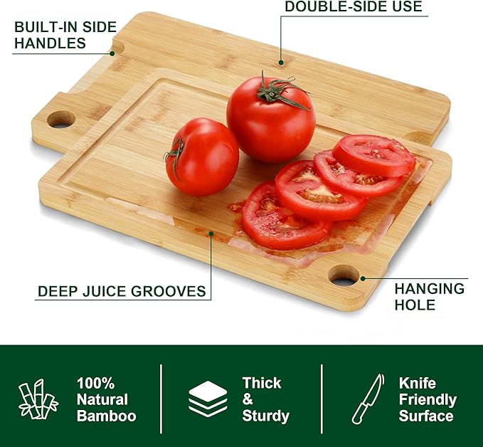 Bamboo Cutting Board Set of 3 - Durable Bamboo Cutting Boards with Deep Juice Grooves & Built-in Handles & Hanging Holes, Reversible Wooden Cutting Boards for Kitchen, Meat, Vegetables