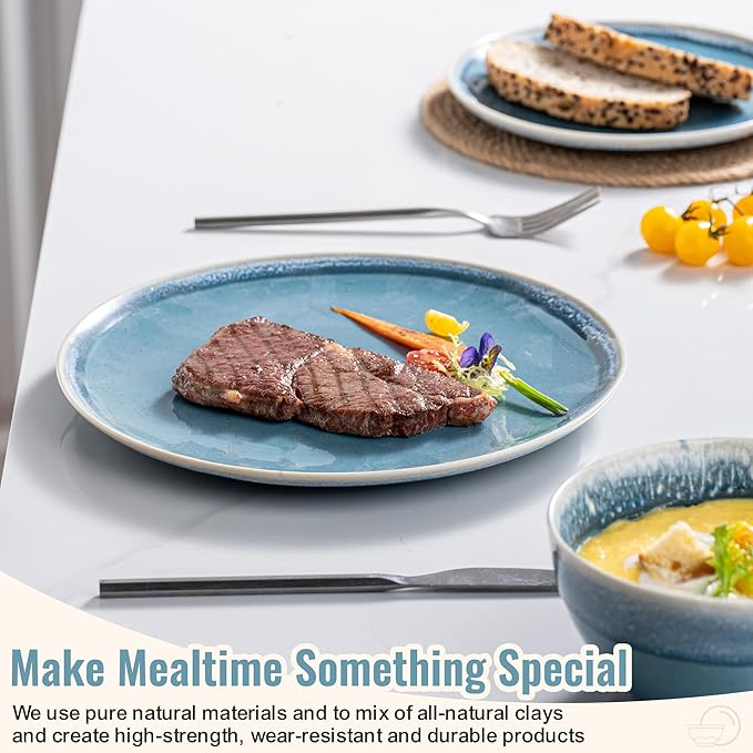 Plates and Bowls Sets, 12 Pieces Blue Dinnerware Sets for Kitchen, Reactive Glaze Dishes Set for 4, Dishwasher and Microwave Safe, Series Starflecked Shore (Blue)