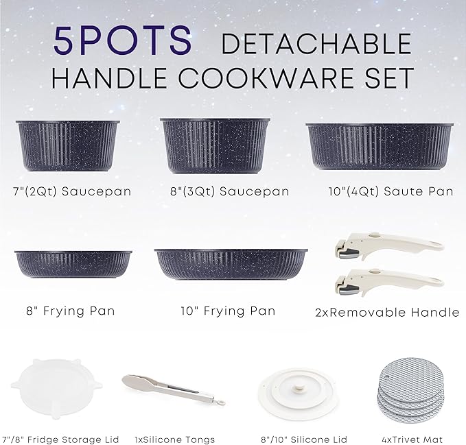 Caannasweis Detachable Nonstick Cookware Set - Stackable Induction Pots and Pans With Removable Handles, Dishwasher Safe - For RV Camping, Oven and Stovetop Use, 5 Pieces (Starry Sky)