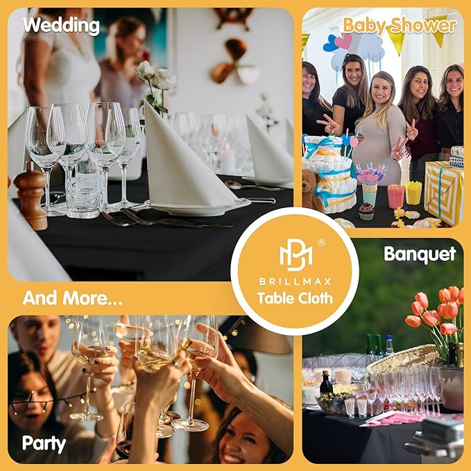 BRILLMAX 10 Pack Black Tablecloths for 6 Foot Rectangle Tables 60 x 102 Inch - 6ft Rectangular Bulk Linen Polyester Fabric Washable Cloth Cover for Wedding Reception Banquet Birthday Party