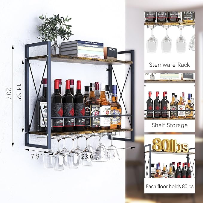 Dokser Wine Rack Wall Mounted 2 Tier Shelf, Wall Wine Rack with Rustic Wood & Industrial Iron Frame, Wine Bottle Holder for Kitchen, Dining Room, Home Bar Decor (Brown)
