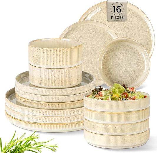 TheTerra Ceramic Dinnerware Sets with Pasta Bowls for 4, 16 Pieces Porcelain Lightweight Speckled Plates and Bowls Sets, Scratch Resistant Dish Set, Oven & Microwave & Dishwasher Safe, Cappuccino