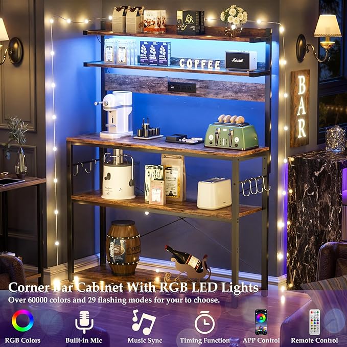 Aheaplus Bakers Rack with Power Outlet, Microwave Stand, 5 Tiers Coffee Bar Station with Led Lights, Kitchen Storage Shelf with 6 S-Shaped Hooks, Kitchen Rack Coffee Bar Stand, Rustic Brown