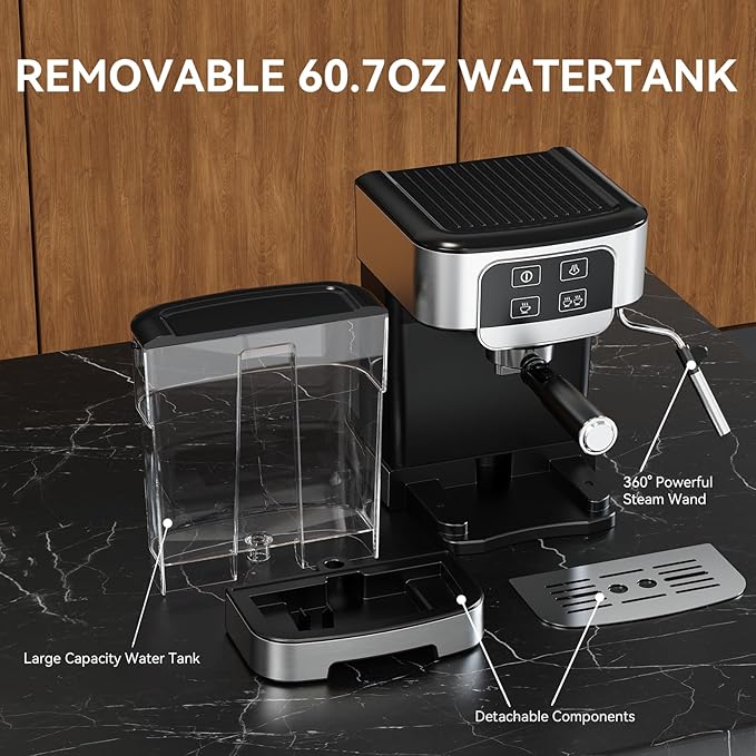 TEM612 Espresso Machine 20 Bar with Steam Milk Frother, Stainless Steel Coffee Machine with Removable Water Tank for Cappuccino,Latte, Compact Stainless Steel Coffee maker for home