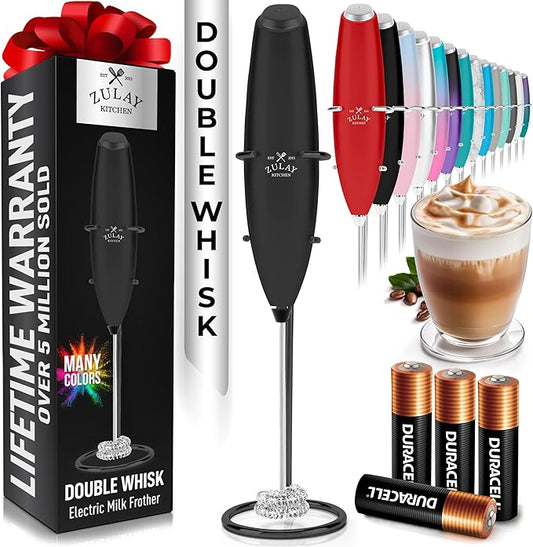 Zulay Kitchen Whisk Milk Frother with 4 Duracell Batteries - Powerful Handheld Foam Maker for Coffee, Lattes, Matcha, Hot Chocolate & Cappuccinos - Whip Creamy Froth in Seconds -