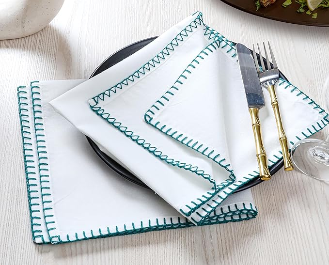 Bedding Craft Cotton Cloth Dinner Napkins Set of 12 –18x18 Funfare Multi-Color Fabric Napkins with Blanket Stitch Selvedge – Washable Wedding Napkins for Parties, Restaurants, Dining & Table Settings