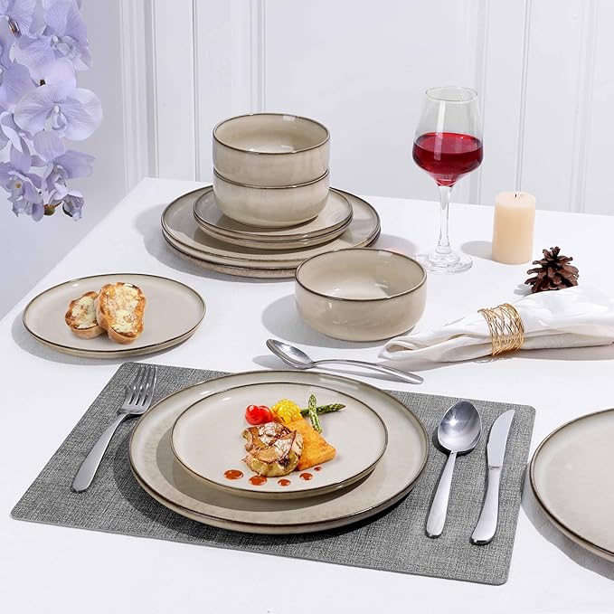 Herogo Stoneware Plates and Bowls Sets for 4, 12 Pieces Modern Round Dinnerware, Reactive Glaze Dishes Set for Kitchen, Chip Resistant, Microwave & Dishwasher Safe, Cream Khaki