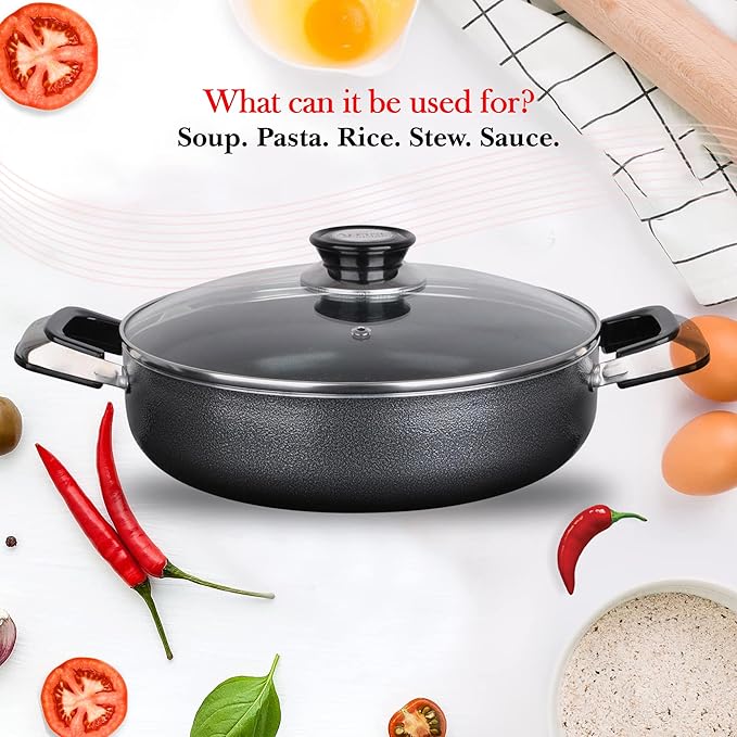 Alpine Cuisine 3.2 Quart Non-stick Caldero Stock Pot with Tempered Glass Lid and Carrying Handles, Multi-Purpose Cookware Aluminum Low Pot Dutch Oven for Braising, Boiling, Stewing