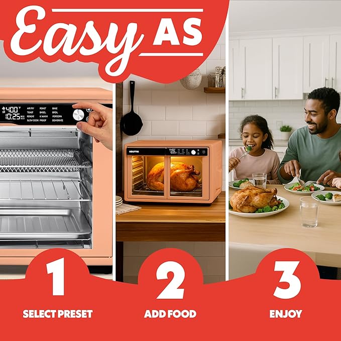 Gourmia French Door Digital Air Fryer Oven - XL 37QT Capacity, 12 Presets, FryForce 360° Tech, Dehydrate, Proof, Slow Cook, Fits 13” Pizza, 1700W, Peach