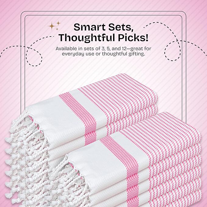 Pink Turkish Kitchen Towels 16x26 Inch, 12 Pack, 100% Cotton, Ultra Absorbent, Soft, Fast Dry, Machine Washable, Dish Towel with Tassels for Drying Dishes, Cleaning, Everyday Use