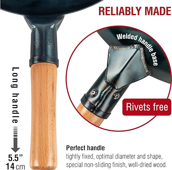 YOSUKATA 13.5” Blue Carbon Steel Wok Pan – Pre-Seasoned Flat Bottom Wok Compatible with open fire, gas, electric, ceramic, induction cooktops -Traditional Chinese Pan for Stir Fry, BBQ, Grill, Camping