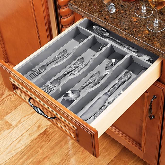 Greenual Gray Silverware Organizer 10 In Utensil Organizer Silverware Tray for Drawer Cutlery Flatware Organizer for Kitchen Bamboo Wood
