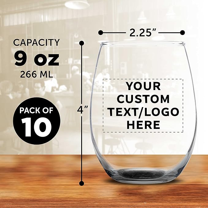 DISCOUNT PROMOS Custom Stemless Wine Glass 9 oz. Set of 10, Personalized Bulk Pack - Great for Wedding Favors, Bachelorette Party Decorations, Party Favors, Color Bottom - Black