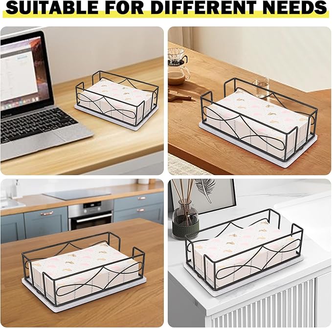 Napkin Holder with Marble Base, Guest Towel Paper Dispenser for Table, Modern Metal Napkin Stand, Ideal for All Bathroom Vanity, Kitchen Decor Accessories (Matte Black, 3.2 Inch)