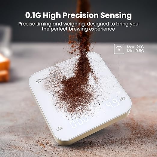 Rechargeable Mini Coffee Scale with Timer, Maestri House Espresso Scale, 2kg/0.1g Accurate Scale for Espresso and Pour-Over Coffee, Portable Digital Kitchen Scale with Automatic Timing（White&Glod）