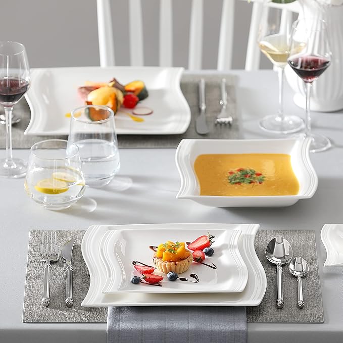 MALACASA Ivory White Dinnerware Sets, 30-Piece Porcelain Plates and Bowls Sets, Modern Dish Set for 6, Square Plates Dinnerware Set Kitchen Dishware Sets, Microwave and Dishwasher Safe, Series Flora
