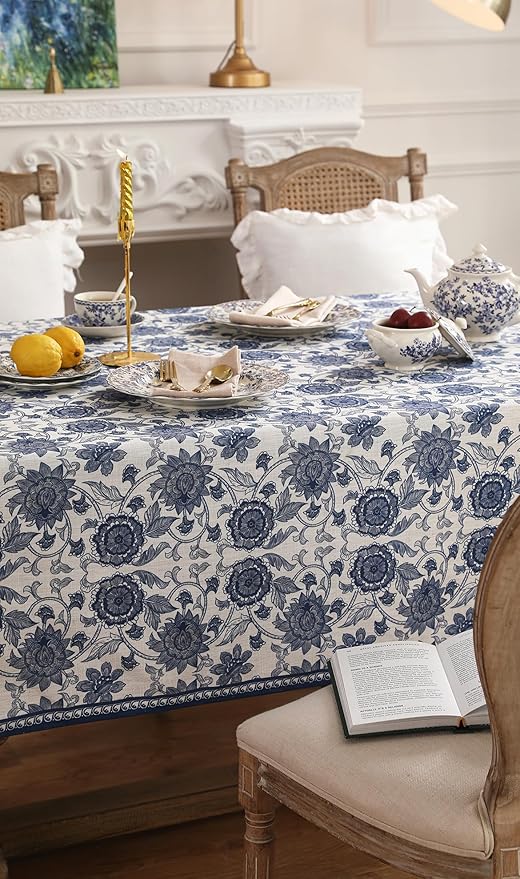 patdrea Designer Blue Tablecloth for Rectangle Tables,Vintage Elegant Linen with Paisley Floral Pattern Tablecloths,Farmhouse Flower Table Cover Cloth Decor for Kitchen Dining Christmas,63"*102"