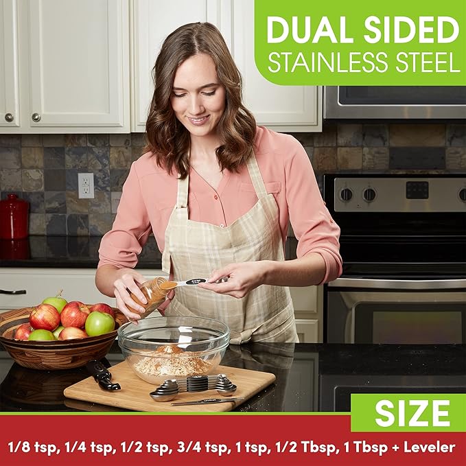 Spring Chef Stainless Steel Magnetic Measuring Spoons Set of 8 with Leveler, Dual Sided Metal Teaspoon & Tablespoon Measuring Spoons, Nesting Kitchen Gadgets for Baking & Cooking - 2 Pack - Black