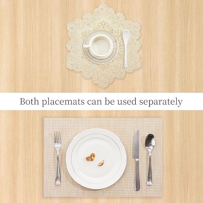 BACKTOEDEN Placemats Set of 6 Heat Resistant Washable Wipeable Placemats Woven Non-Slip Foldable Vinyl/Plastic Placemat Indoor/Outdoor Place Mats Kitchen Dining Table Mats, Gold Snowflake & Beige