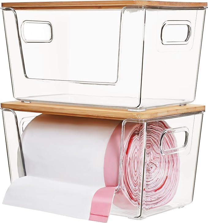 Citylife 2 PCS Small Stackable Storage with Bamboo Top Acrylic Trash Bag Dispenser Open Laundry Room Organizer with Handle