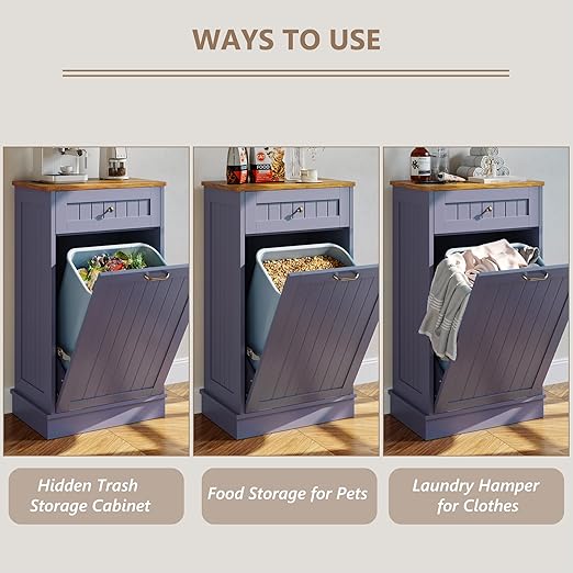 Tilt Out Trash Bin Cabinet Dog Proof Trash Can Holder Kitchen Island Without Garbage Bin or Tilt Out Laundry Hamper (Gray-Blue)