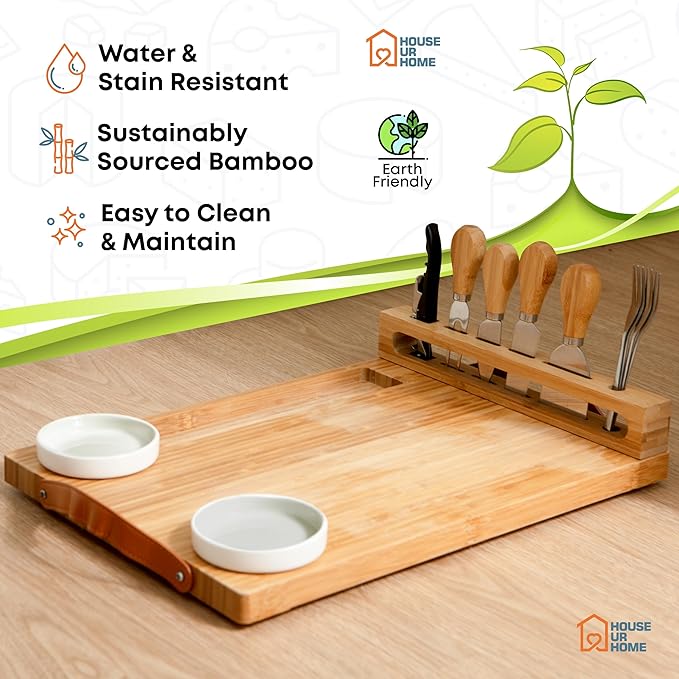 Bamboo Charcuterie Boards Gift Set with Leather Handles, Knife Set, Wine Opener, Ceramic Bowls & Forks, Recipe Book - House Warming Gifts New Home